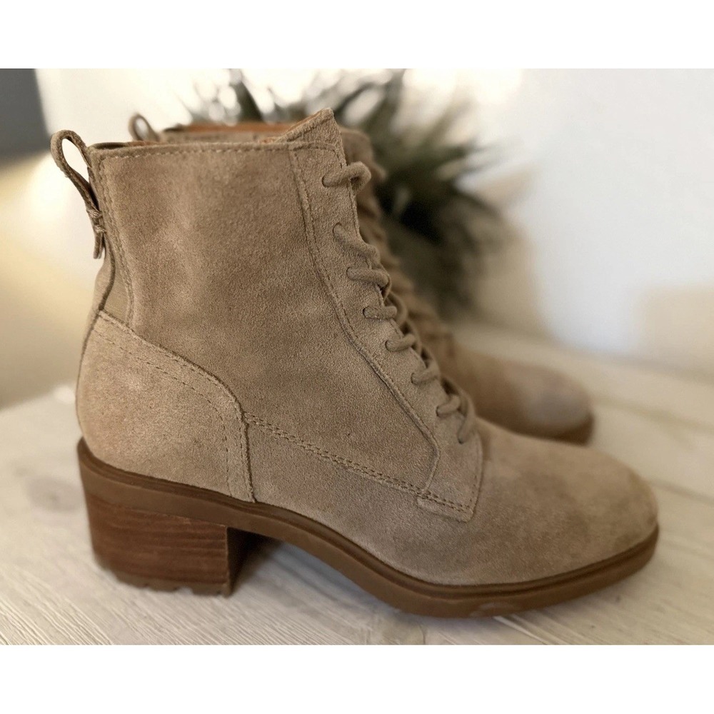 Lucky Brand Ankle Boots Sz 6.5 37 Diedrah Suede Leather Lace‎ Up Combat Beige